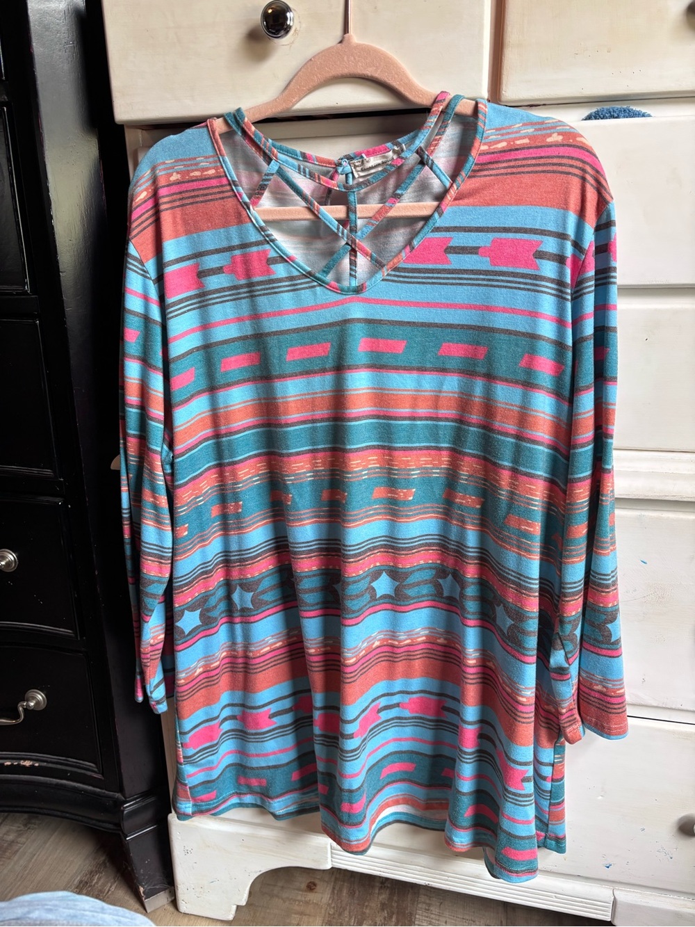 Striped V-Neck Tunic Top in Teal & Coral